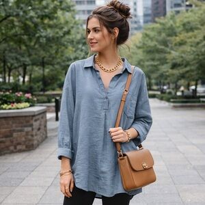 Risen Los Angeles Linen Blend Dusty Blue Oversized Tunic Shirt Longsleeve Trendy